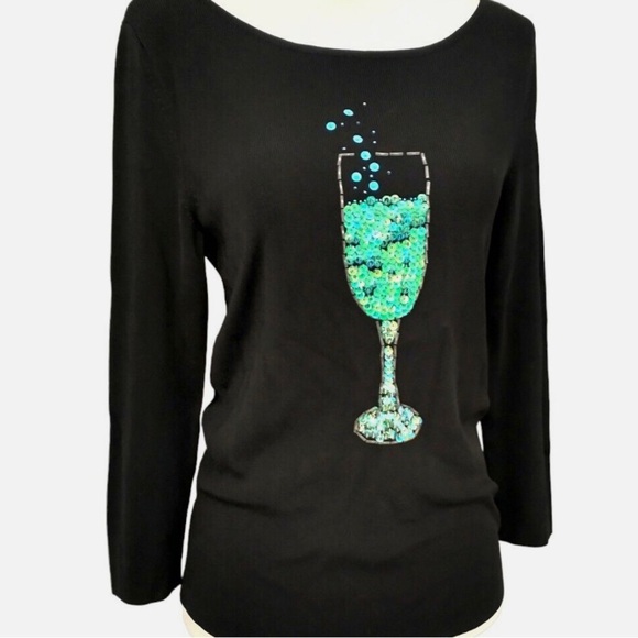 Lucia Burns XL Black Long Sleeve Pullover Bubbly Champagne Sequins Top T - Picture 1 of 11